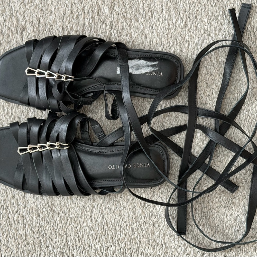 Vince Camuto Black Strappy Lace-Up Sandals with Silver Accents